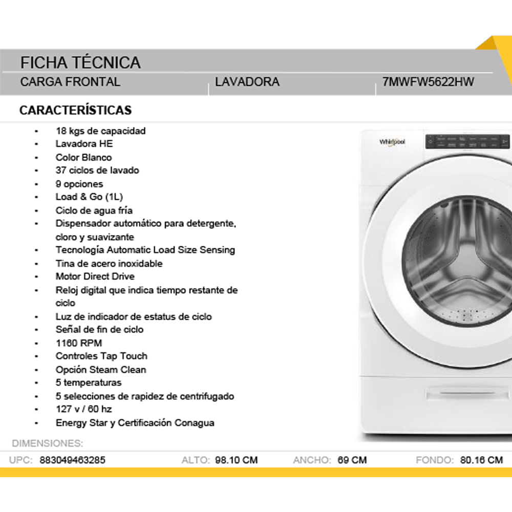 lavadora carga frontal whirlpool 18kg alta eficiencia he sistema load go